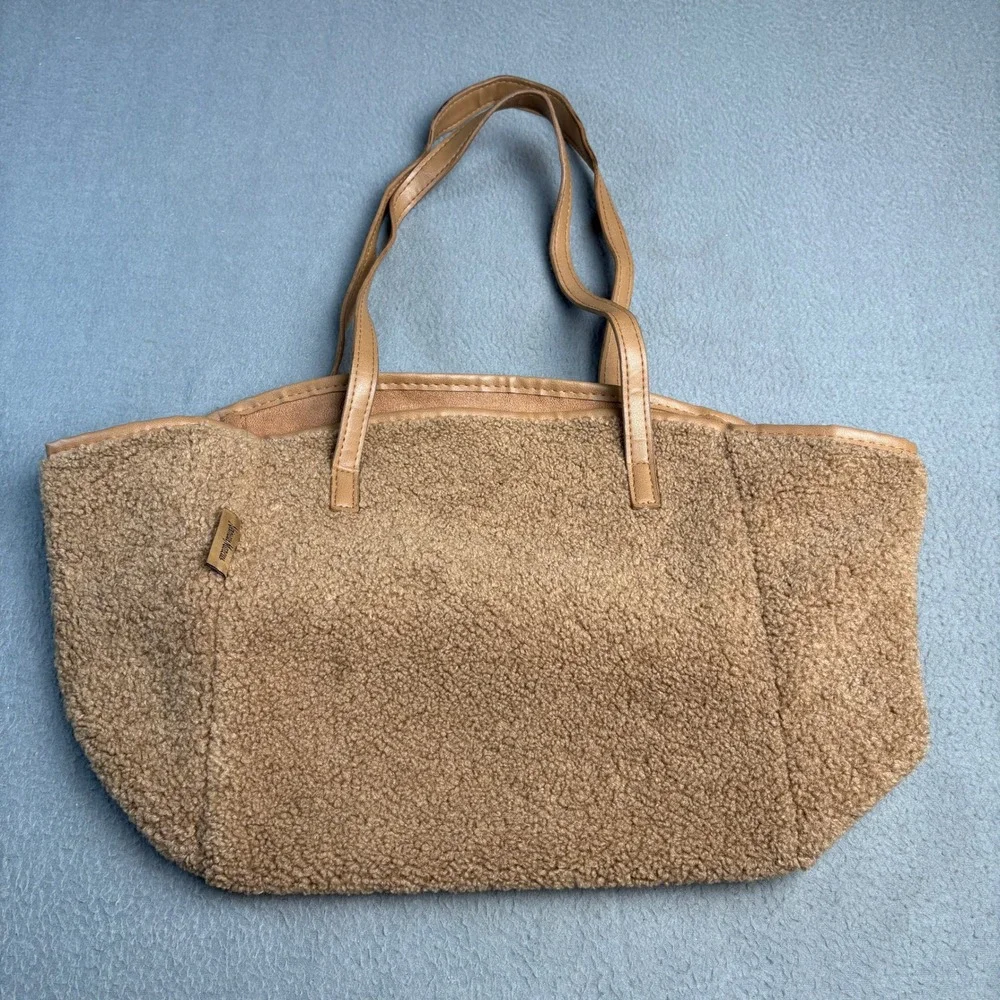 Neiman Marcus Faux Shearling Sherpa Tote Bag Camel Tan Brown Shoulder Bag